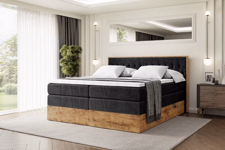 Letto boxspring ALTDECOR con materasso e rete a doghe, topper, letto imbottito con contenitore, letto con spazio contenitivo per materassi H3 e H4, letto matrimoniale, letto boxspring - LOLLI5 KING - 180x200 - Nero Casablanca