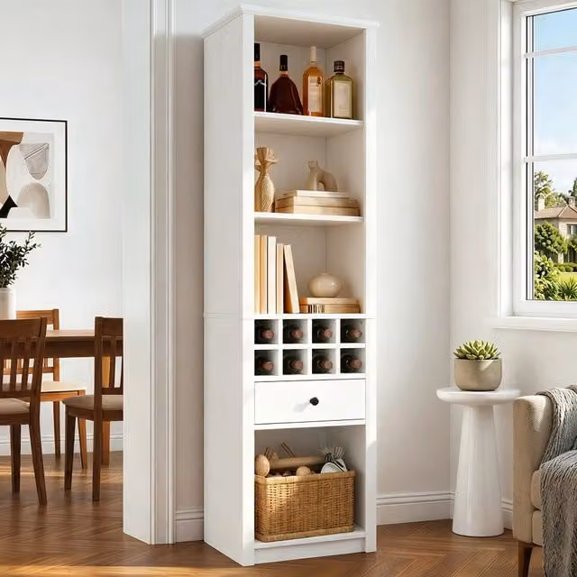 Scaffalatura portavino aperta con 8 vani LED RGB e cassetto in MDF bianco 55 × 40 × 200 cm