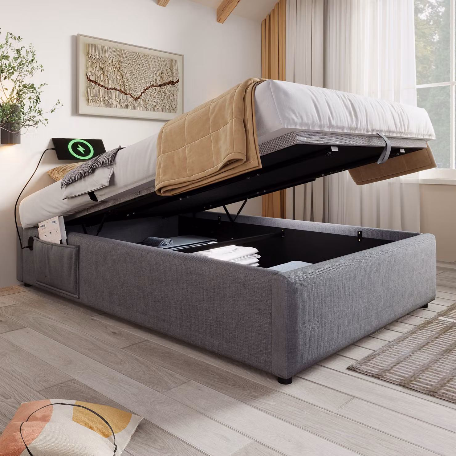 Letto imbottito Flieks 90x190cm senza testata, letto singolo per ragazzi con USB e Type-C, letto idraulico a molle con sacco portaoggetti, cotone, grigio