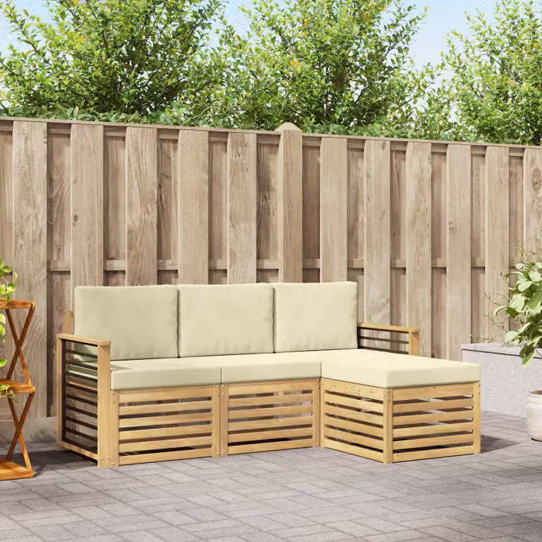 Set di divani da esterno vidaXL a forma di L con pouf, in legno di acacia trattato e tessuto bianco e beige