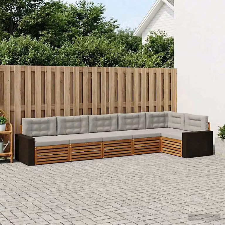 vidaXL Set di divani da esterno a L composto da 6 pezzi in legno di acacia con cuscini beige e grigi