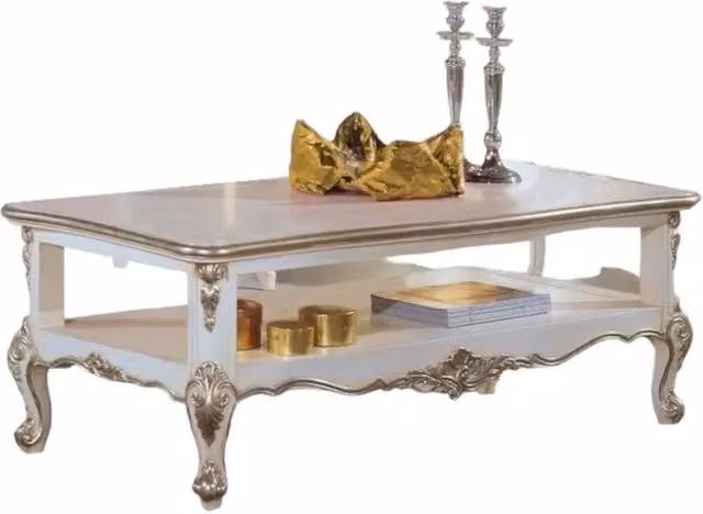 Tavolino classico in legno stile shabby bianco e argento Mobili 2G L: 130 cm, P: 75 cm, H: 47 cm