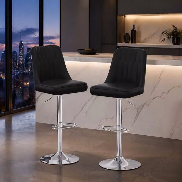 Set 2 sgabelli da bar regolabili e girevoli 360° in PU nero con struttura in metallo argento HAVRYA