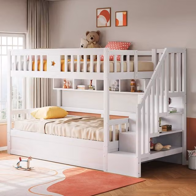 Letto a Castello Legno Ragazzi – Xylo – 90x200cm Bianco, Base Idraulica, Scala con Ripostiglio, Scaffali