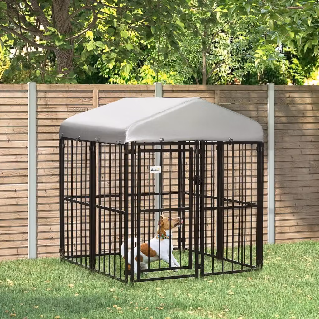Recinto per cani di piccola e media taglia GIORDANOSHOP con tettuccio in metallo nero, argento e grigio, L/P/H: 122 x 122 x 138 cm – 2