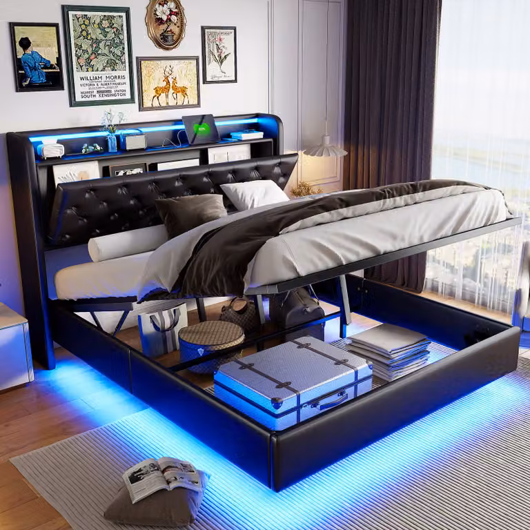 Letto imbottito ProximaX 140x200cm con funzione di ricarica (USB), letto giovanile letto matrimoniale contenitore con LED e contenitore per la testata, letto a molle idrauliche con rete a doghe