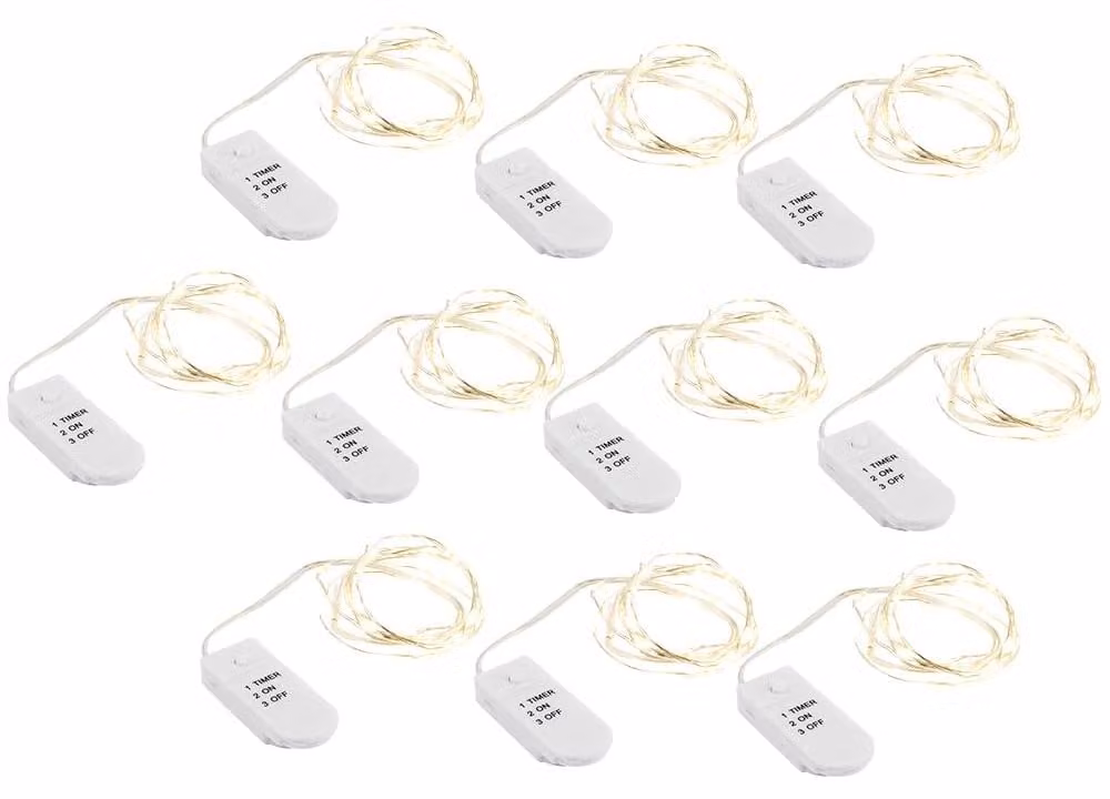 Catene luminose a LED con filo, luce bianco caldo, 20 LED, 1 metro, con timer, confezione da 10 pezzi.