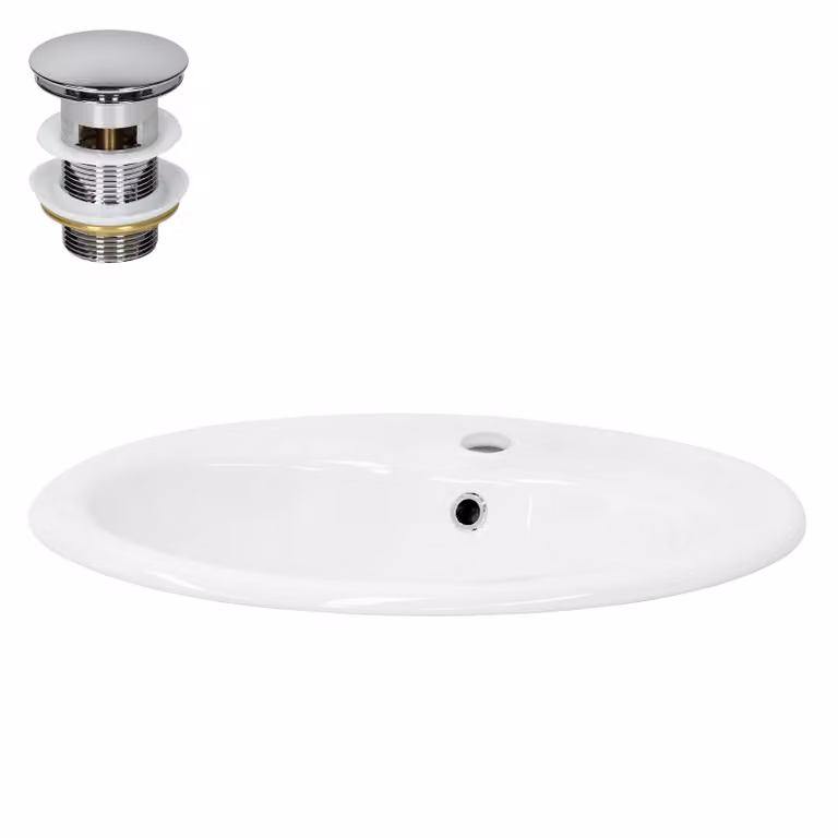 Lavabo LuxeBath Lavabo da appoggio ovale, 57x48,5x19,5 cm, bianco, Vetroceramica, incl. set di scarico con troppopieno
