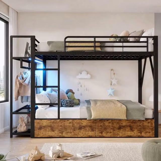 Letto a castello moderno per bambini con illuminazione LED e 2 cassetti, nero, L/P/H: 140 x 200 cm