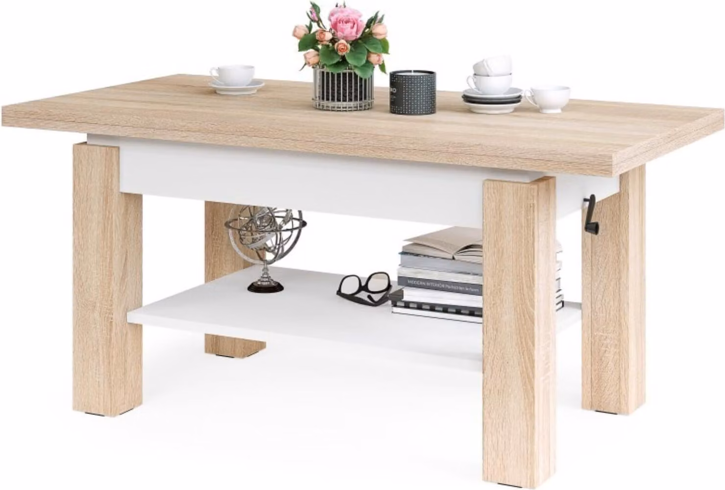 All4All Tavolino da caffè Bresso Sonoma+White, 130x65 , Tavolo da soggiorno , Tavolo pieghevole , Tavolino da caffè regolabile in altezza , con vano portaoggetti , Tavolo da divano con vano portaoggetti