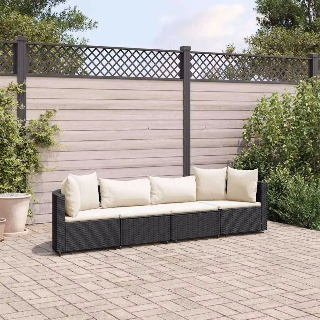 Set di divani da giardino vidaXL a forma di L composto da 4 pezzi con cuscini, struttura in metallo e rattan nero e tessuto resistente ai raggi UV