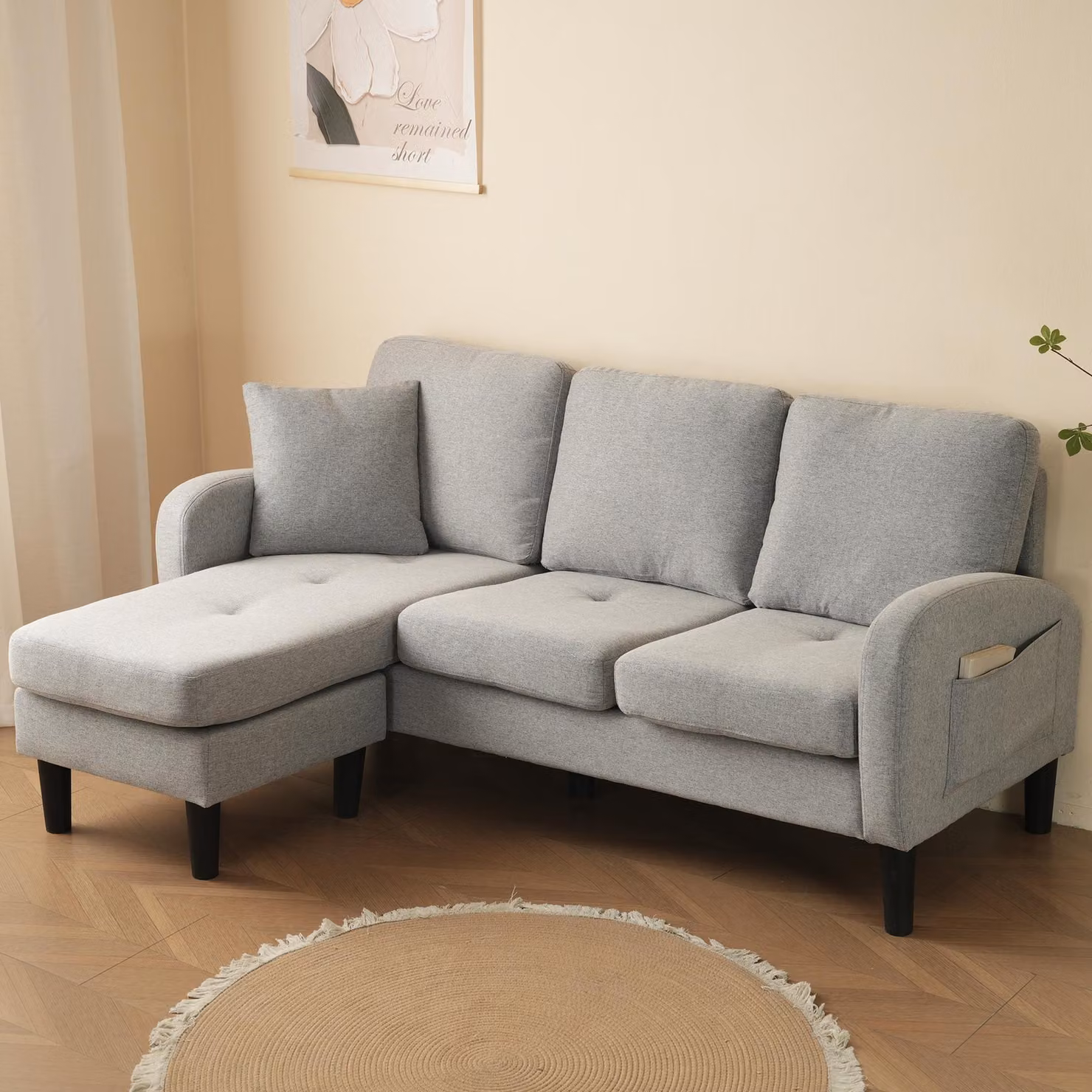 Merax divano angolare divano a L divano a 3 posti in tessuto di cotone e lino, imbottito divano componibile con chaise longue, 85x118x82cm, grigio chiaro