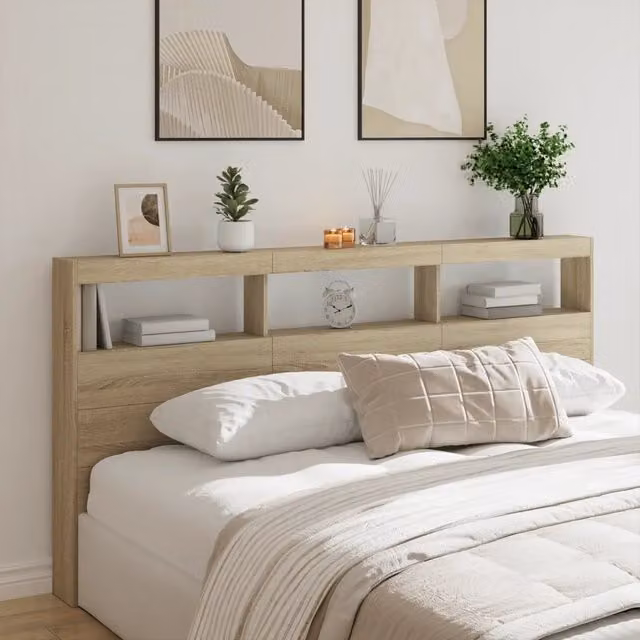 Testiera con Contenitore e Illuminazione LED vidaXL in Legno Rovere Sonoma Marrone L: 200 cm, P: 17 cm, H: 102 cm