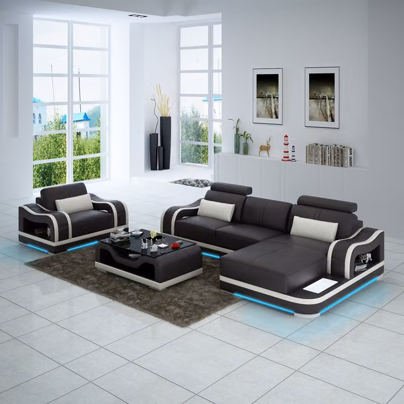 Ledersofa Couch Wohnlandschaft Ecksofa+Sessel Eck Garnitur Modern Sofa + USB