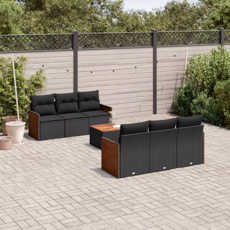 Set di Divani da Giardino vidaXL in Polyrattan Nero con 7 Cuscini e Tavolino da Esterno