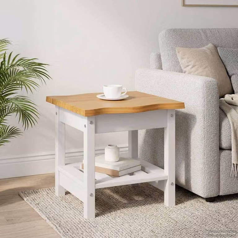 vidaXL Tavolo laterale EKAI con scaffale in legno di pino bianco L/P/H: 50 x 50 x 45,5 cm