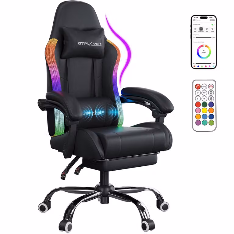 Sedia da gaming GTPLAYER, sedia da ufficio, poltrona da gaming con barra luminosa LED e funzione di massaggio, sedia da gamer, sedia ergonomica per PC con telecomando, colore nero