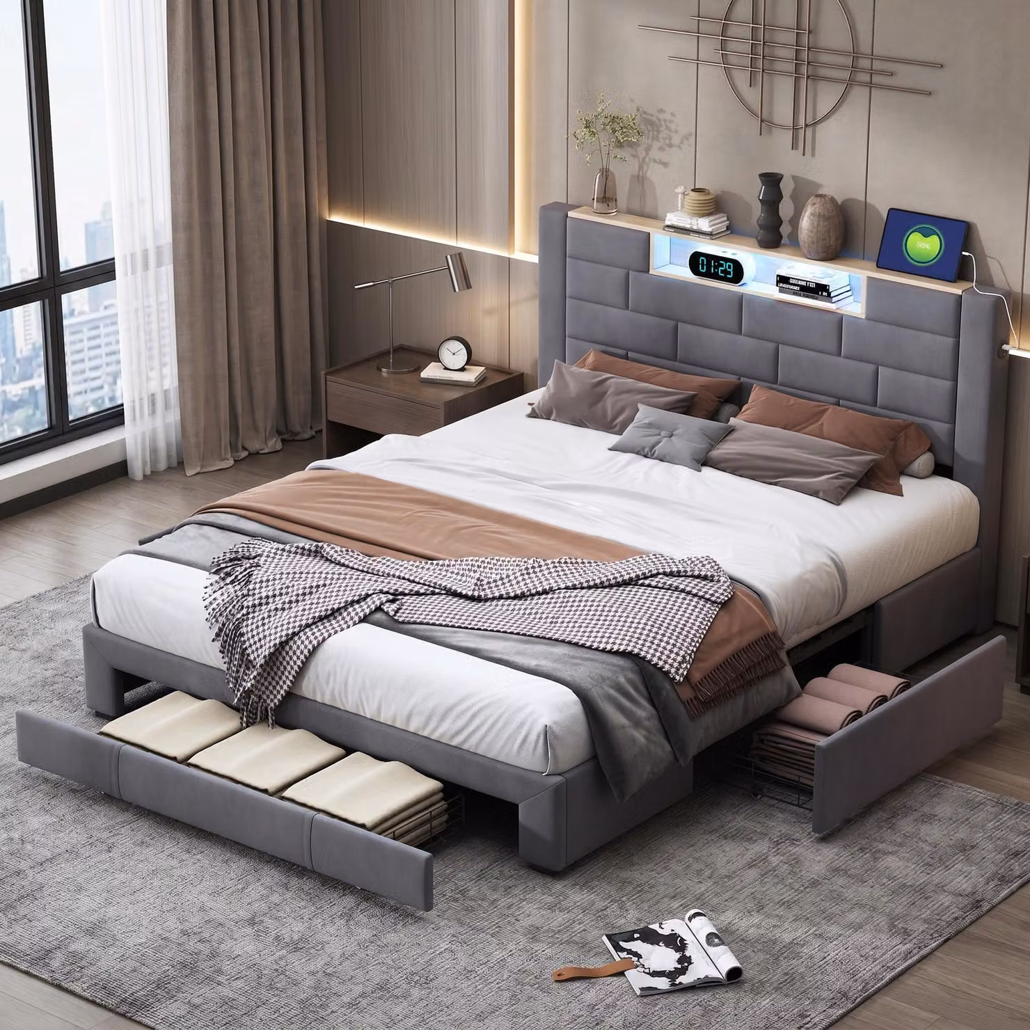 Letto imbottito INONEFT, 140x200 cm, letto matrimoniale con USB e tipo-C, letto per ragazzi con 3 cassetti e finiture in ecopelle, letto multifunzionale, letto contenitore, tessuto vellutato, colore grigio