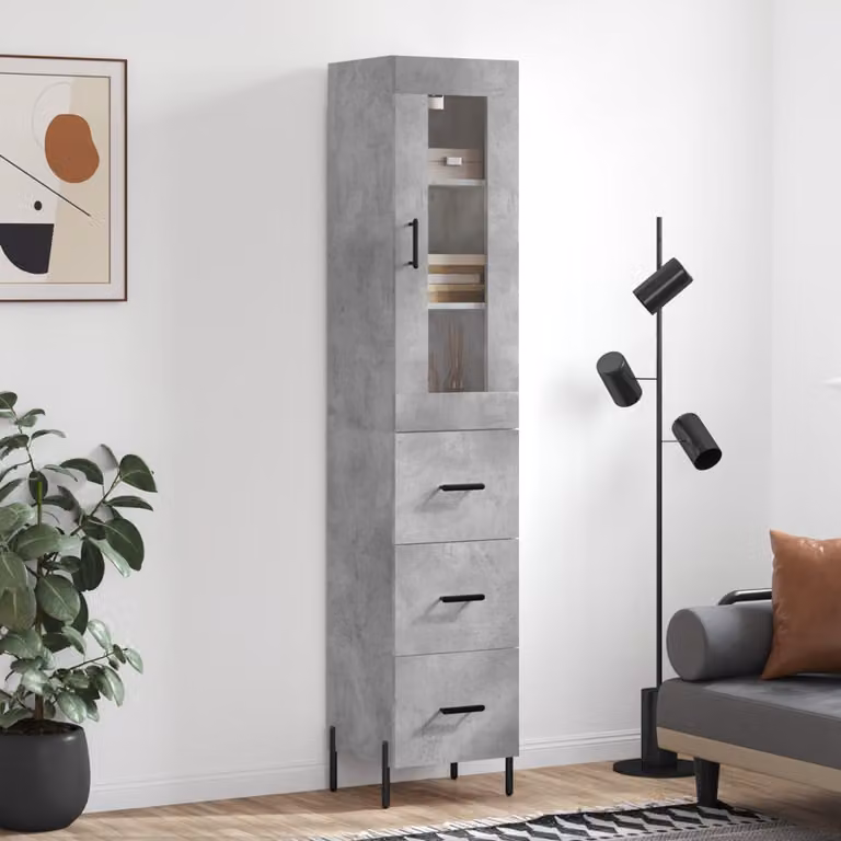 Credenza moderna vidaXL in legno e metallo con ante in vetro, Grigio, L/P/H: 34,5 x 34 x 180 cm