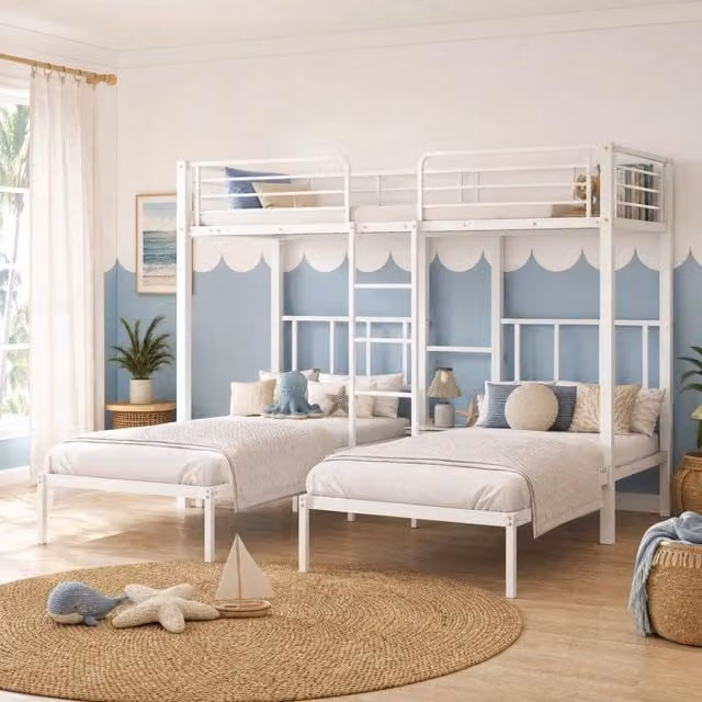 Letto a castello triplo con scala; rete 90x200 cm in metallo bianco