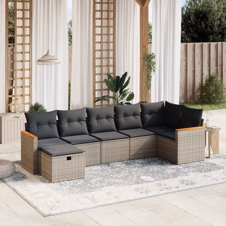vidaXL Set Divani da Giardino 7 Pezzi a Forma di L con Cuscini Grigio in Polyrattan e Struttura in Metallo