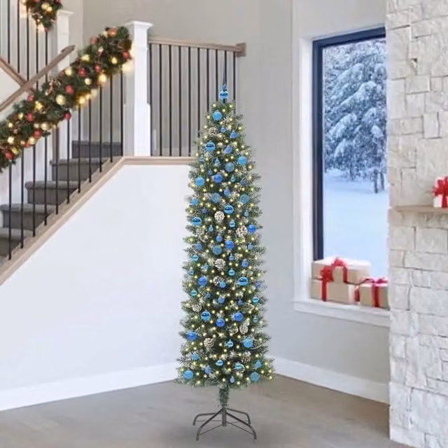 Albero di Natale Artificiale Sottile Moderno vidaXL Verde e Bianco con Luci LED Bianco Caldo