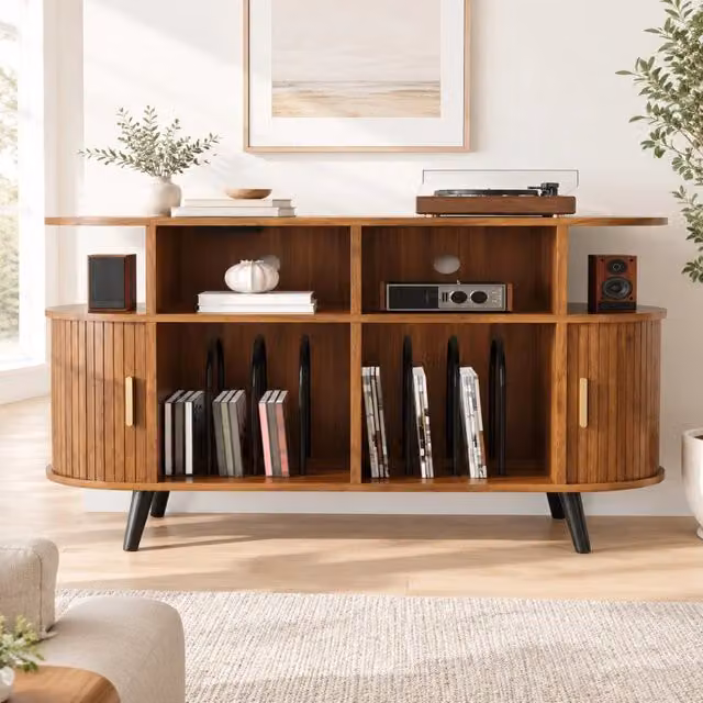 Credenza ovale con ante scorrevoli scanalate portadischi e stazione di ricarica in MDF noce 110 × 40 × 76 cm