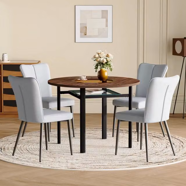 Tavolo da pranzo rotondo 100 cm con piano in vetro e 4 sedie in PU; marrone e nero; grigio chiaro