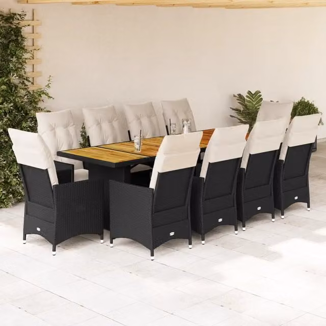 Set da bistrò da giardino vidaXL in polyrattan e legno di acacia nero e beige con 11 pezzi – 1