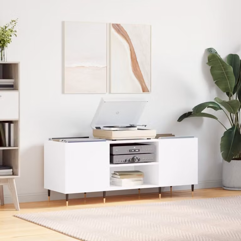 vidaXL Mobile Porta Dischi Bianco in Legno e Metallo L: 121 cm, P: 38 cm, H: 48 cm