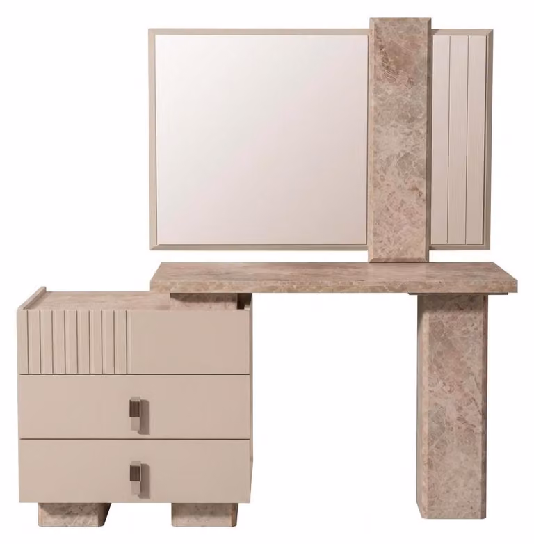 Comodino beige con specchio, mobiletto per il trucco, mobili per la camera da letto