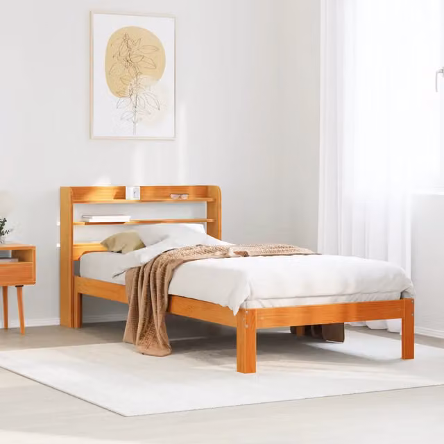 Letto singolo in legno di pino massiccio vidaXL color marrone cera con ripiani laterali L: 100 cm, P: 200 cm