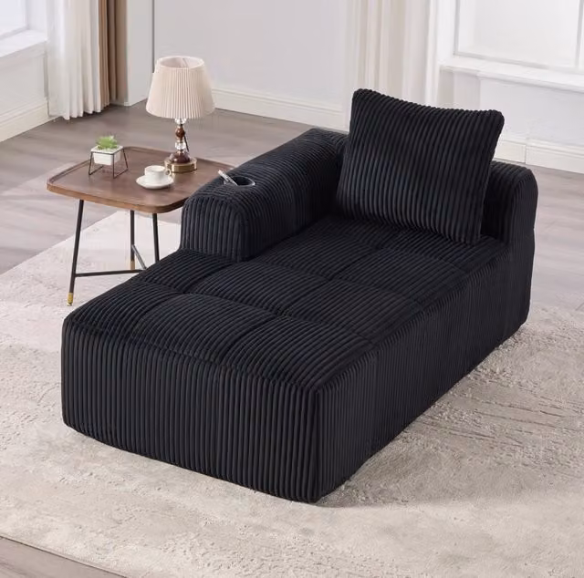 Divano compatto ULEVR 158x93x61 cm in velluto a coste nero con tasche laterali e portabevande integrati