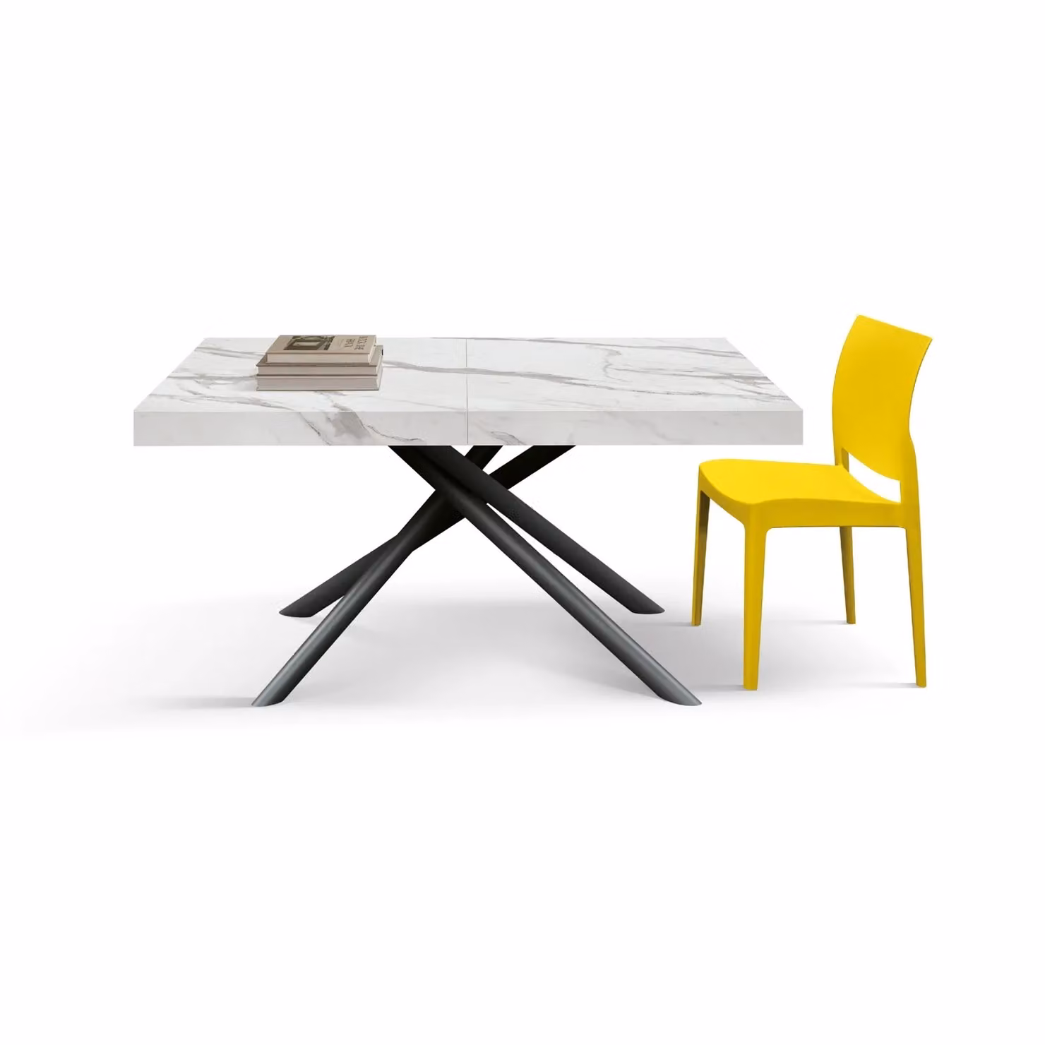 Tavolo CARRARA in legno, finitura bianco statuario e gambe in metallo nero, allungabile 160×90 cm – 240×90 cm