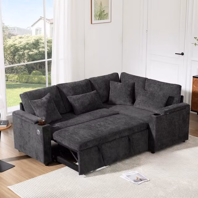 Divano angolare convertibile 4 posti 206;5 x 141 x 86 cm; vano contenitore; portabicchieri; USB; ripiano del bracciolo; 4 cuscini; ciniglia; grigio