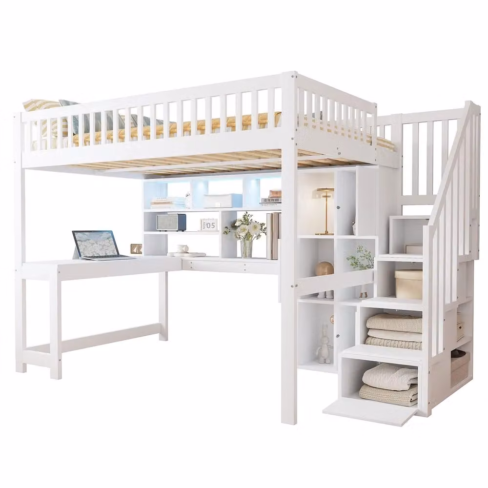 Letto a soppalco Minimal con scrivania, illuminazione LED e scala per bambini, Bianco, L/P: 140 x 200 cm – 2