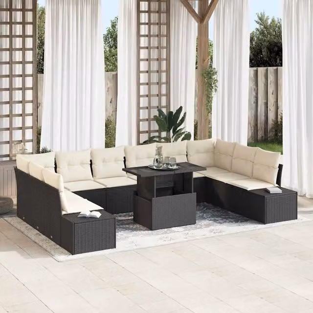 Set Divano da Giardino Moderno vidaXL in Polyrattan con Cuscini, 11 Pezzi, Nero e Beige – 1