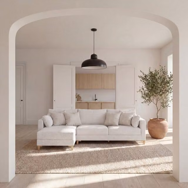 Divano chaise longue Maro Banak a 4 posti con configurazione a sinistra, modello moderno in tessuto beige con coperture rimovibili e cuscini inclusi