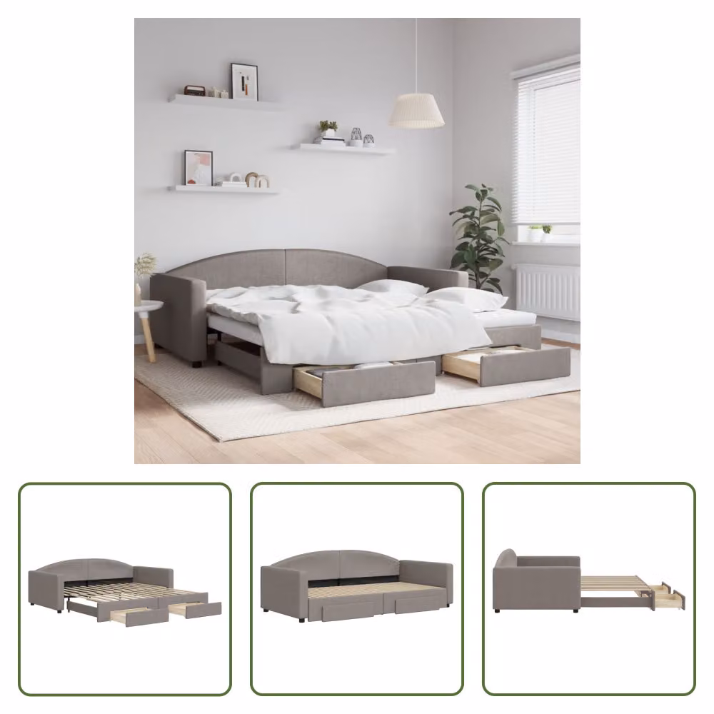 The Living Store Letto allungabile con cassetti Taupe 100x200 cm tessuto