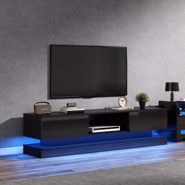 Mobile TV moderno MODFU in legno nero lucido con illuminazione LED integrata L: 160 cm, P: 35 cm, H: 40,5 cm