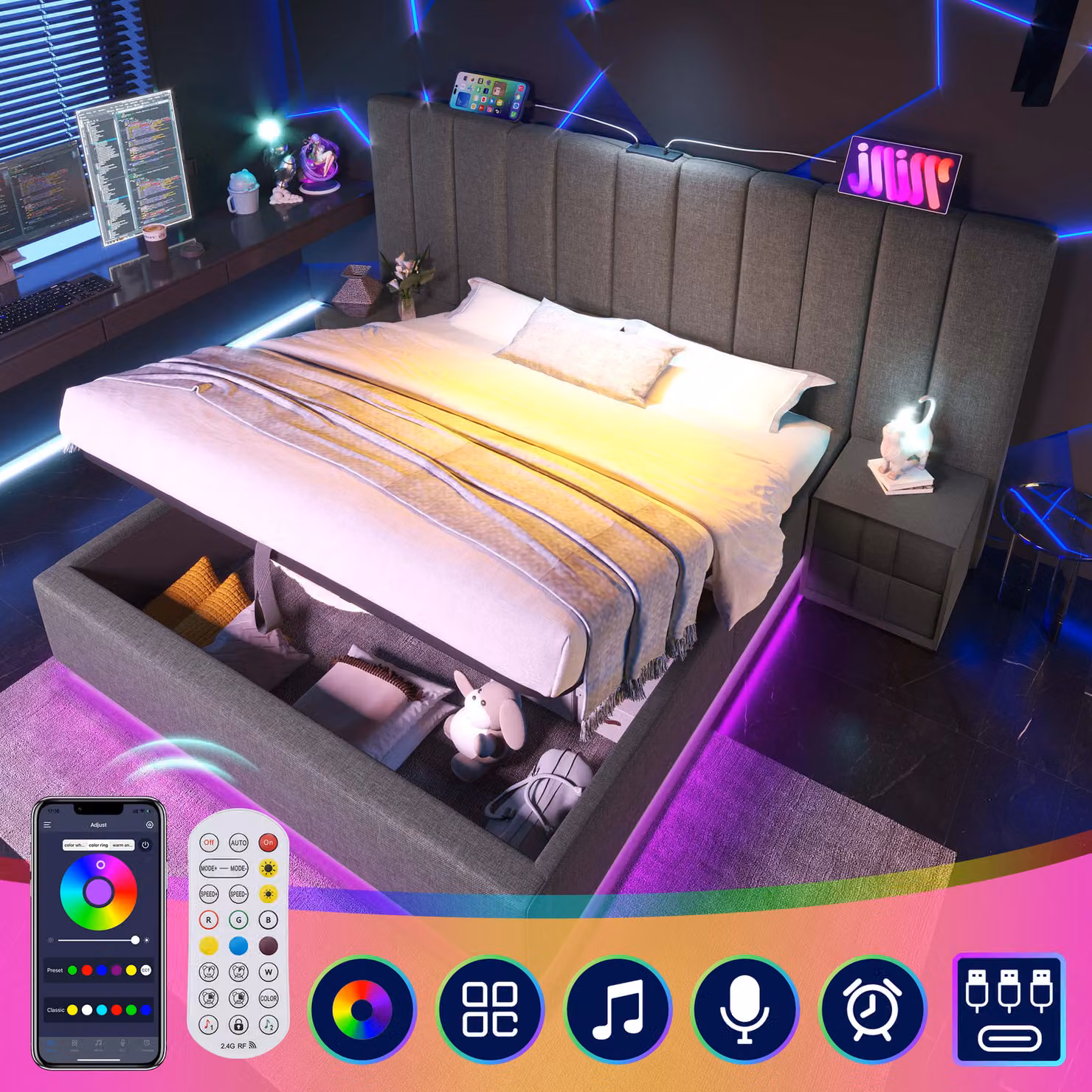 MODFU Letto imbottito con sistema di sollevamento idraulico, 180 x 200 cm, con controllo LED tramite app e funzione di ricarica USB-C, letto idraulico con spazio contenitore, grigio (senza materasso)