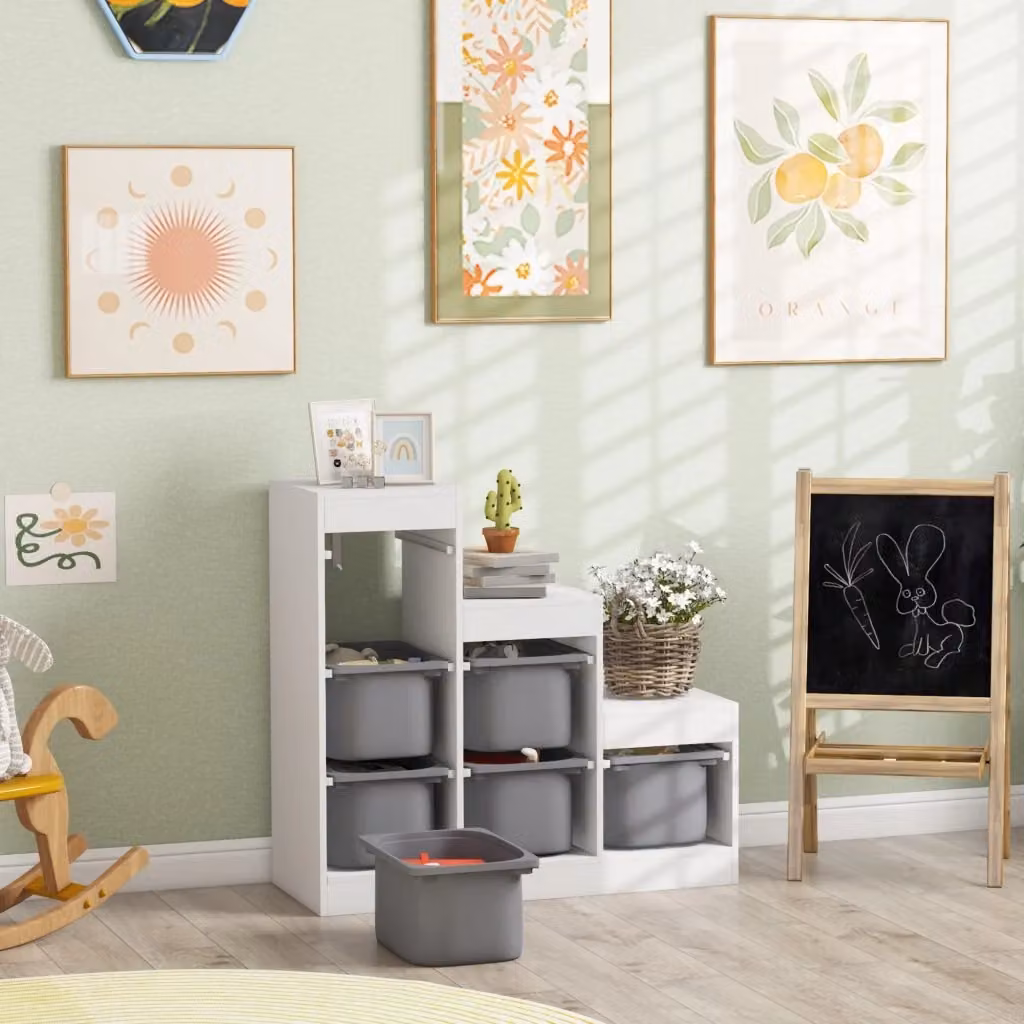 Scaffale Portagiochi per Bambini GIORDANOSHOP a 3 Livelli con 6 Contenitori, L/P/H: 96 x 38,5 x 90 cm, Grigio e Bianco – 2