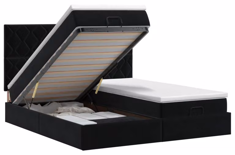 Letto imbottito in stile ottomano con materasso e poggiatesta, 2 pezzi, colore nero, rivestito in velluto