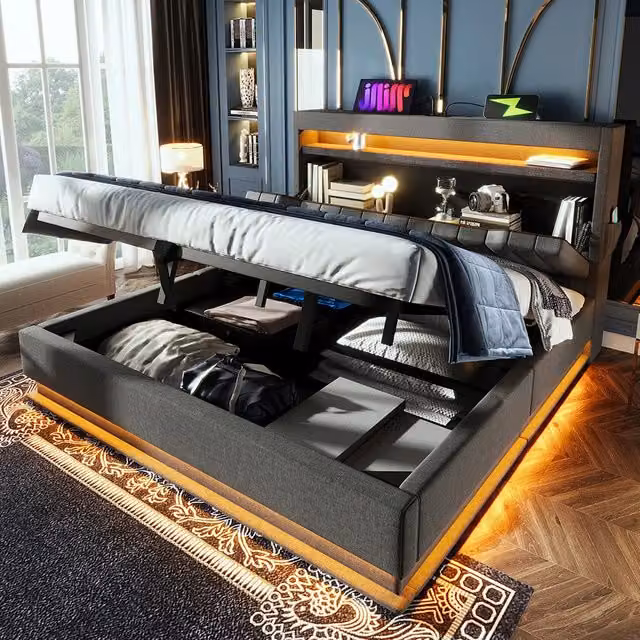 Letto matrimoniale-Xylo-160x200 cm-LED, USB-C, testiera, idraulico, lino, grigio