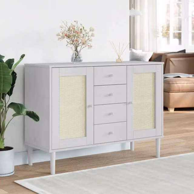 Credenza SENJA vidaXL in legno di pino massello e rattan, colore bianco, L 112 cm x P 40 cm x H 80 cm