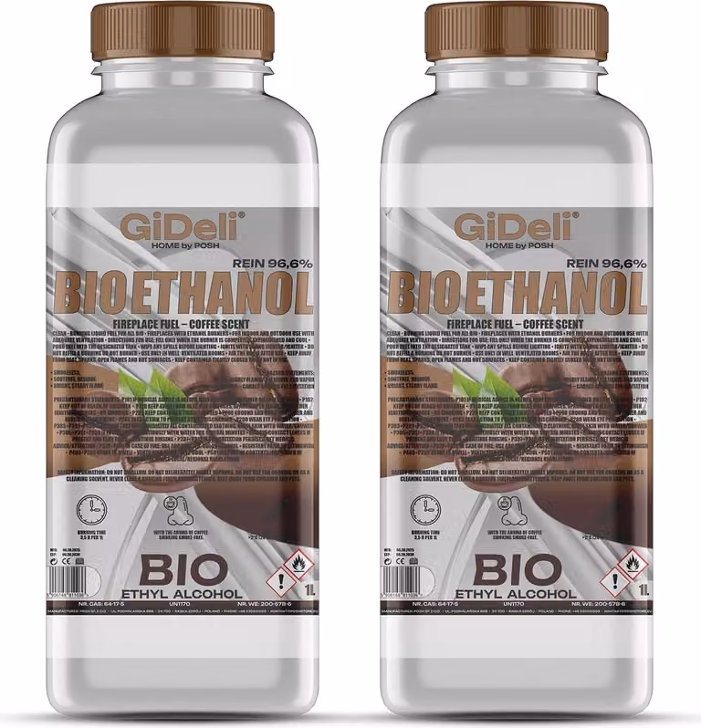 Bioetanolo profumato al caffè 96,6% 2L per caminetti universali senza fumo e senza fuliggine GiDeli