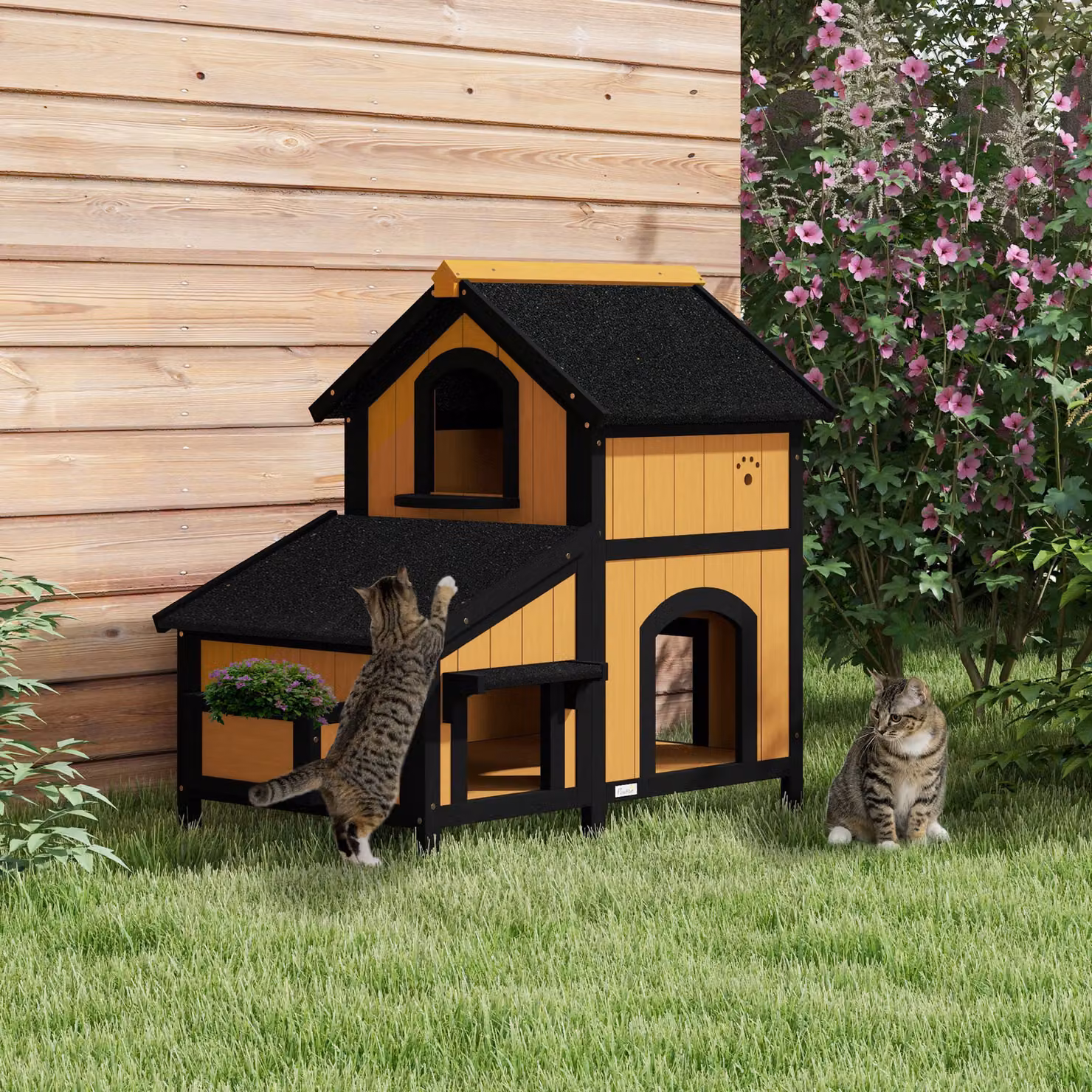 Casa per gatti PawHut in legno di abete con fioriera, Giallo, L: 96 cm, P: 65 cm, H: 85,5 cm – 2