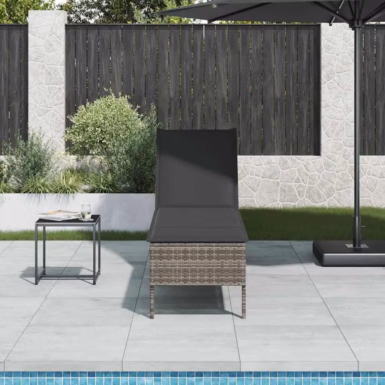 vidaXL Lettino Prendisole in Polyrattan con Cuscino Grigio, L/P/H: 200 x 55 x 44 cm