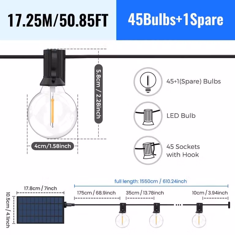 Catena luminosa solare per esterni - Modello G40 - Lunghezza 17,25 metri con 46 luci - Luce bianco caldo 3000 K - Dimmerabile - Grado di protezione IP44 - Ideale per la terrazza