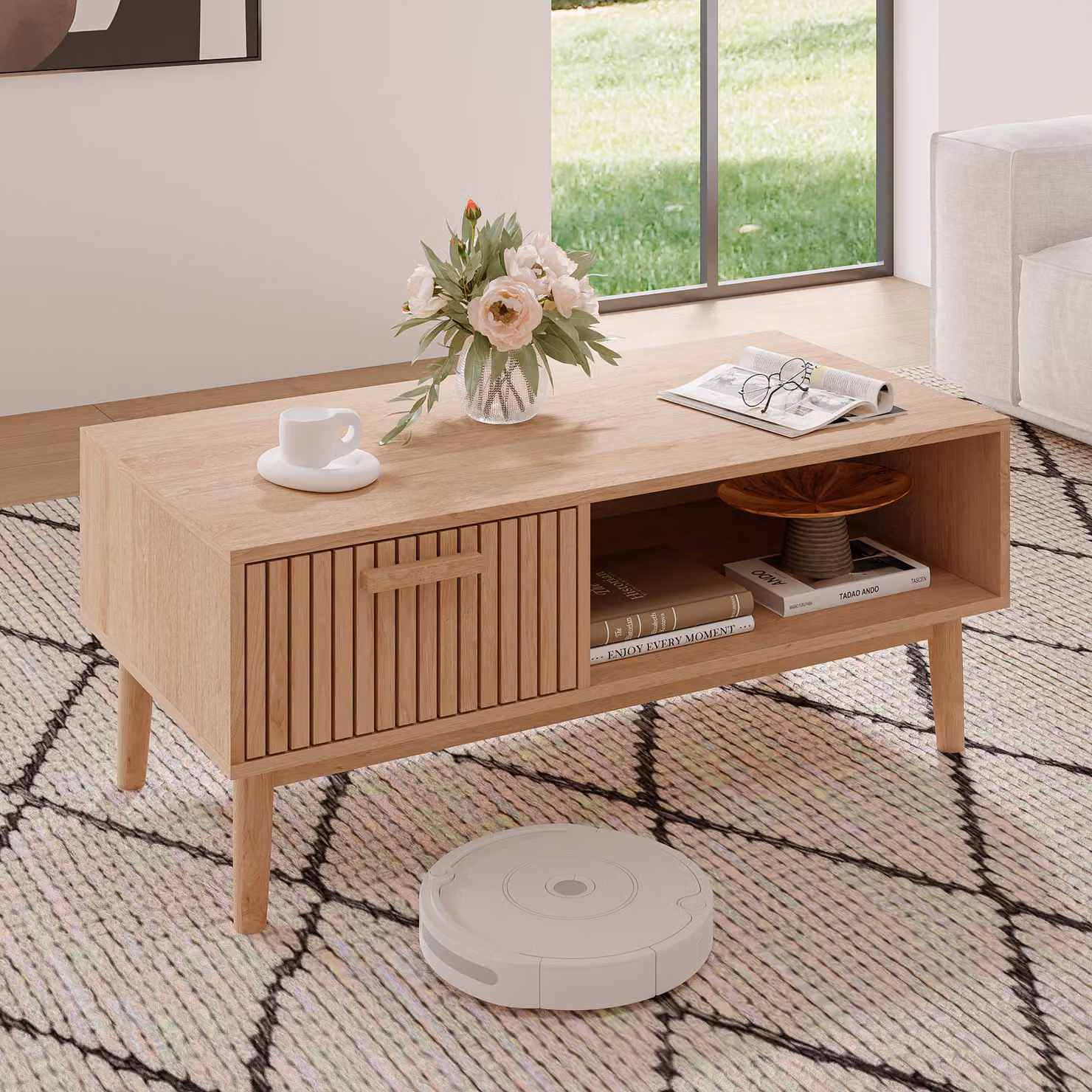 Tavolino UnboxG, tavolino da salotto, vano portaoggetti e cassetto, facile da montare, tavolino da divano in legno, tavolino laterale, colore legno, 100 x 50 x 43 cm
